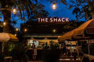 The Shack, one of the Newport Restaurants, at night